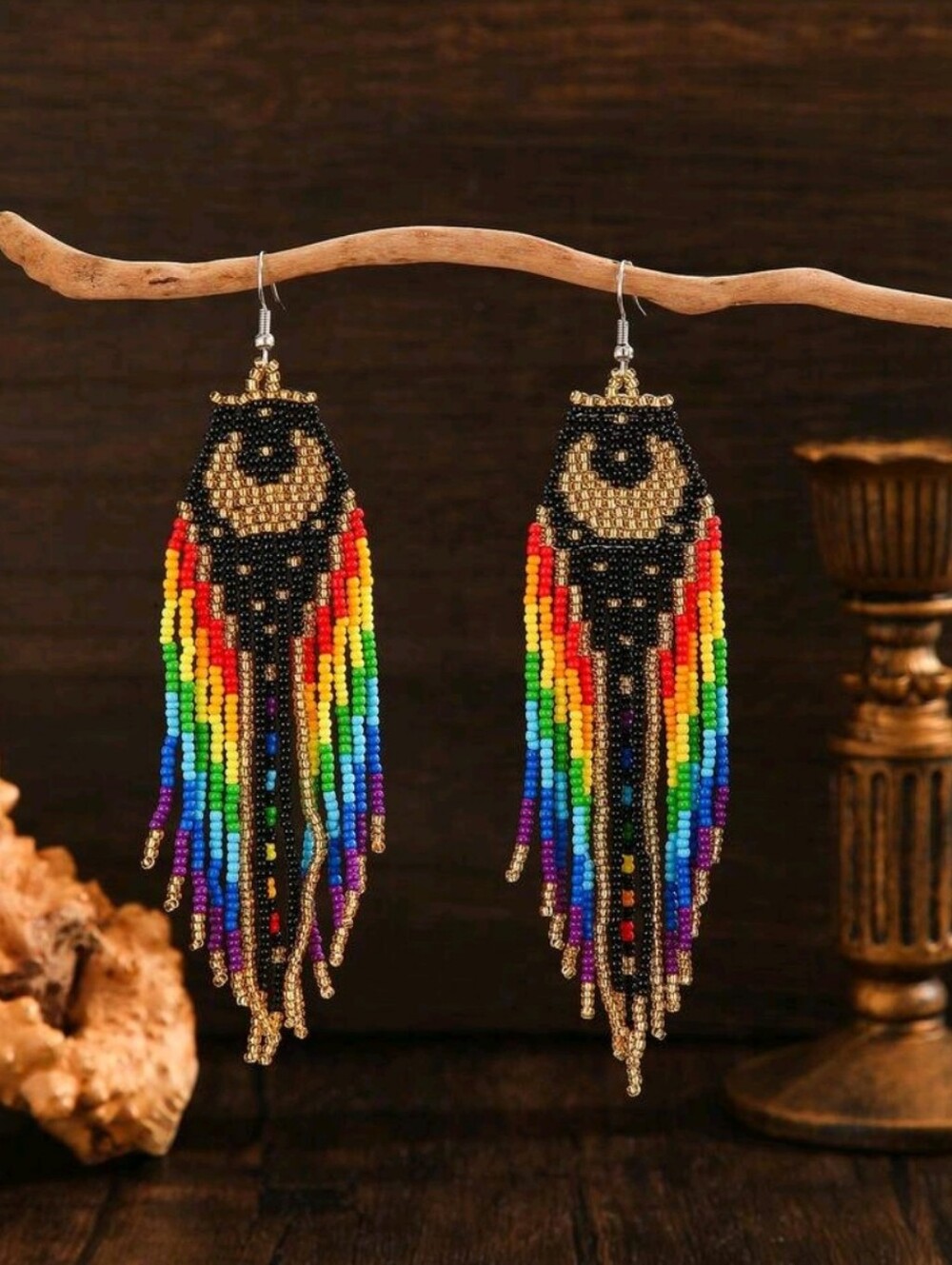 Handmade Beaded Rainbow Moon Earrings